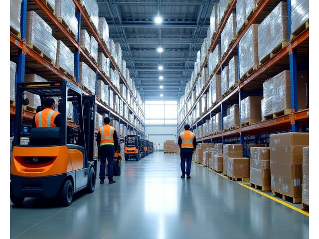 넓은 Oryx Swift 물류 센터 내부, 정리된 선반과 지게차, 바쁘게 움직이는 직원들.