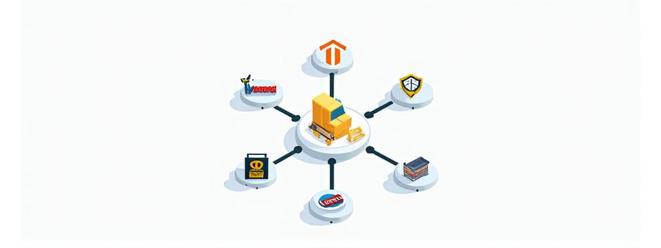 다양한 이커머스 플랫폼 로고와 연결 흐름도