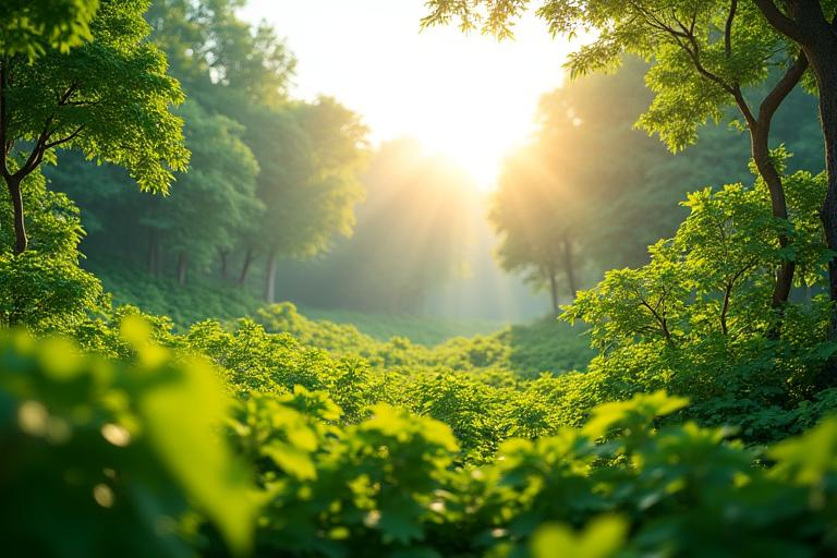 울창한 숲이 우거진 모습. 여러 그루의 나무가 심어져 있고, 푸른 하늘 아래 활기찬 자연의 생명력을 느낄 수 있다.