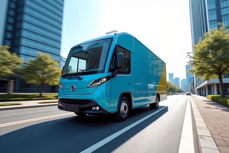 Oryx Swift의 전기 트럭이 서울 도심을 주행하는 모습. 깨끗하고 현대적인 디자인의 트럭이 태양광 충전소 옆을 지나가고 있다.