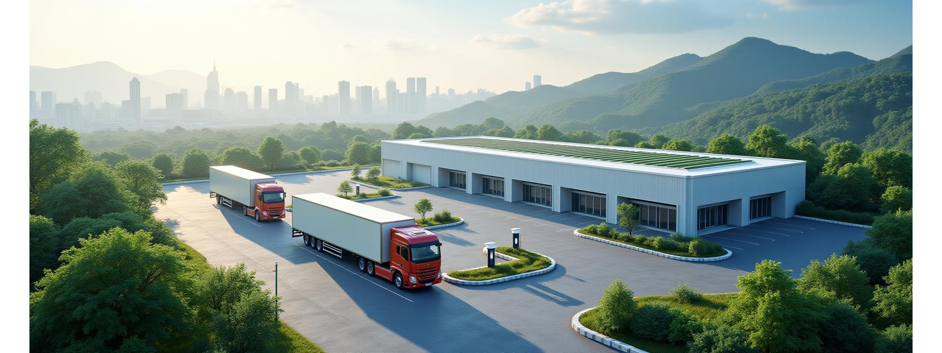Oryx Swift의 지속 가능한 물류. 초고층 빌딩이 보이는 서울의 현대적인 배경에 전기가동 트럭과 태양광 패널이 있는 친황경 물류 센터가 조화롭게 배치된 모습.