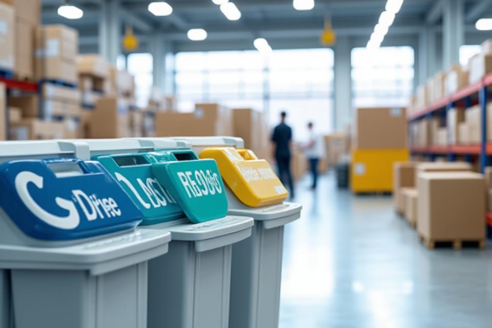 잘 분리된 재활용 쓰레기통들이 현대적인 물류 창고 안에서 깔끔하게 정돈되어 있다. 종이, 플라스틱, 유리 등을 구분하는 표지가 선명하다.
