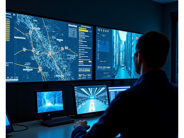 보안 감시 카메라와 GPS 추적 지도가 보이는 모니터 앞에서 안전 관리 직원이 화면을 바라보는 모습