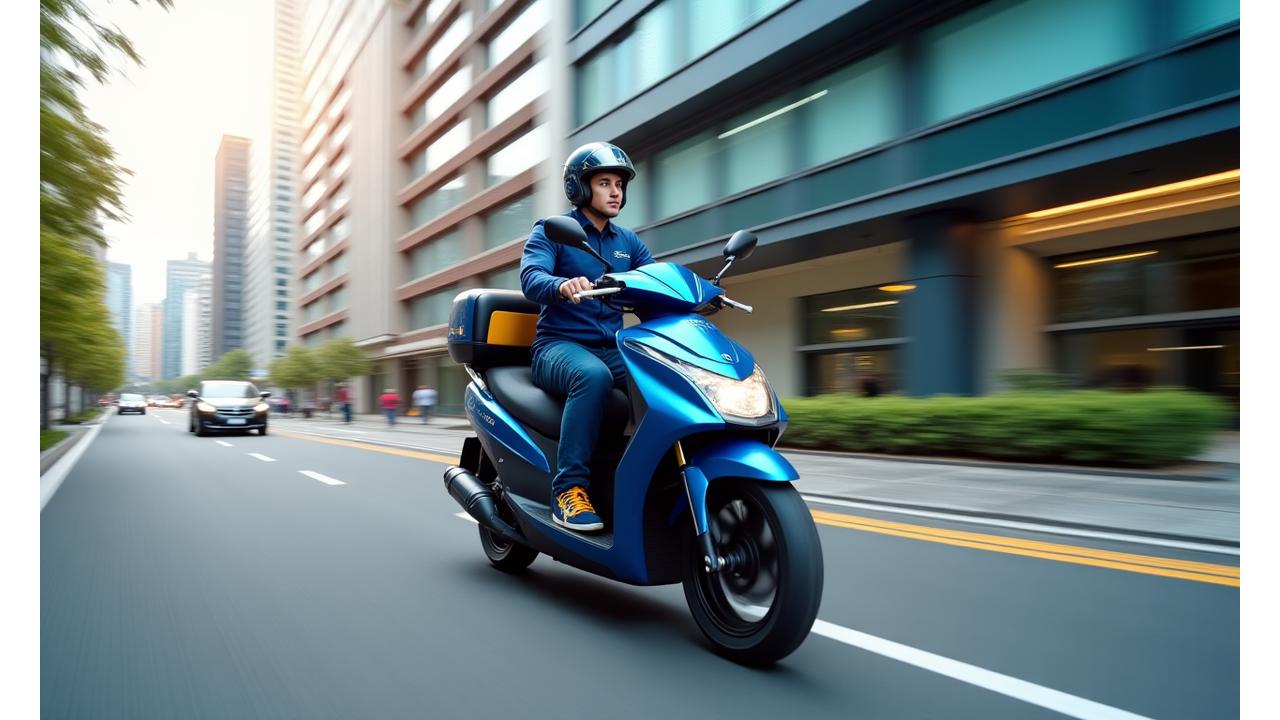 퀵 배송 기사가 스쿠터를 타고 서울 도심을 질주하며 배송하는 모습