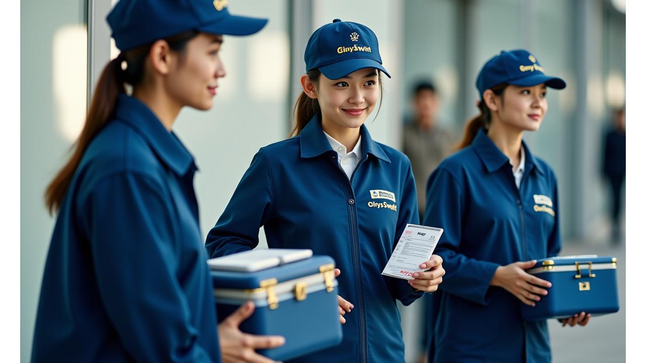 각기 다른 품목(서류, 의료박스, 소포)을 옮기는 퀵 배송 기사들의 모습